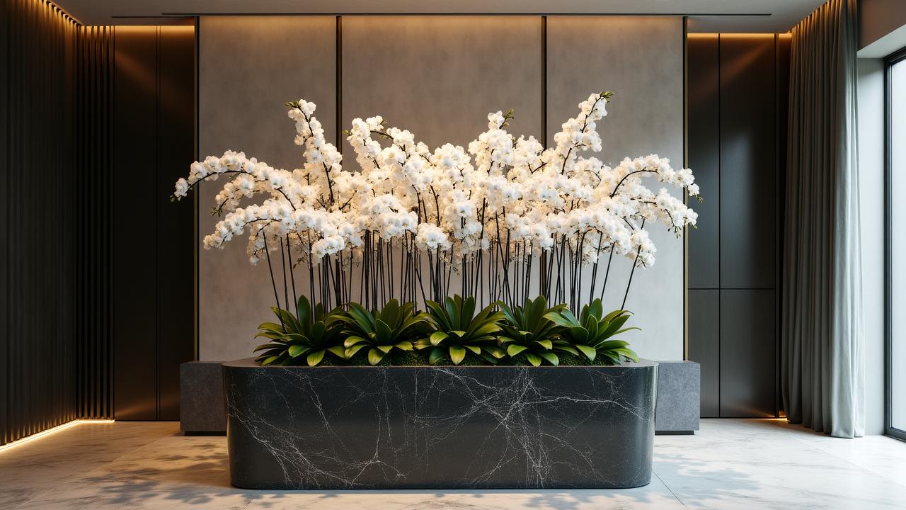 Artistic architectural floral installation on a sleek marble reception desk in a Beverly Hills corporate lobby
