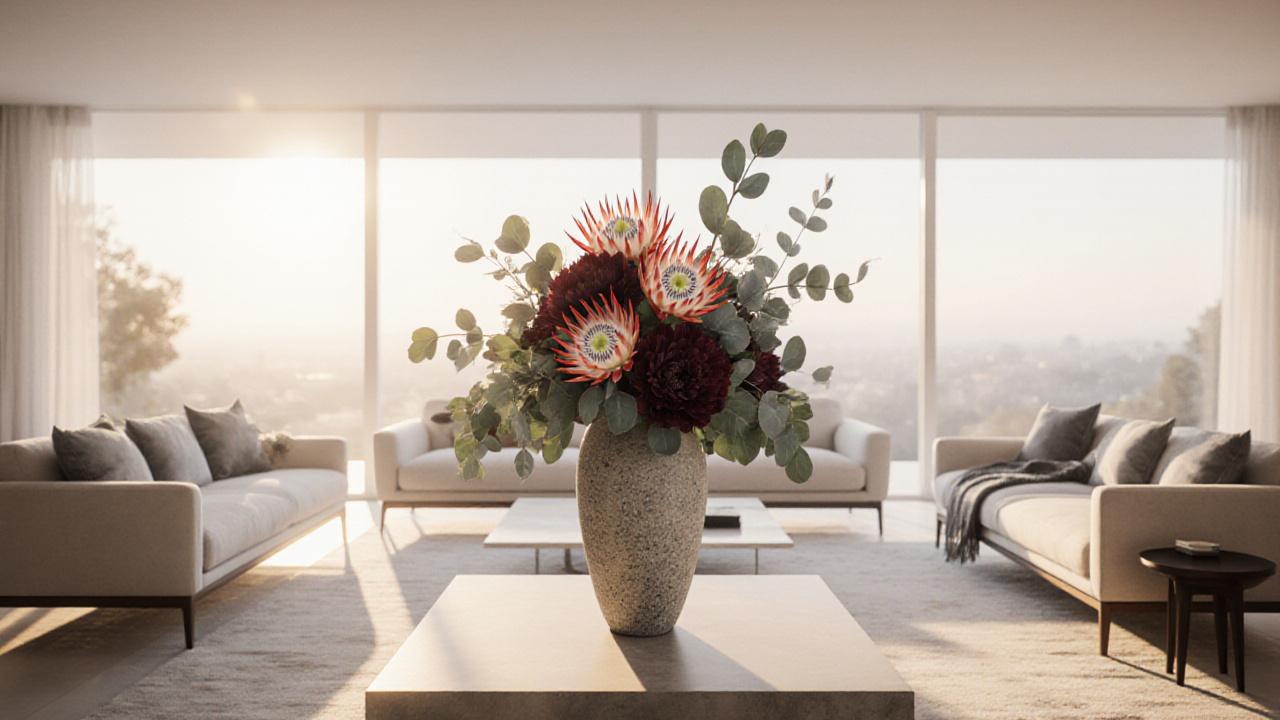 A lush, wild-styled floral arrangement on a minimalist marble console in a sun-drenched Beverly Hills home.