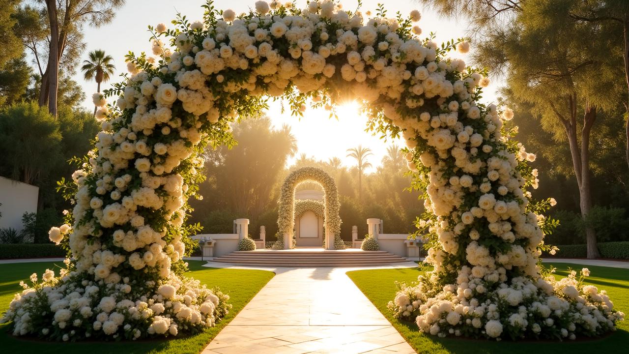 Luxury floral wedding arch with white roses and wild foliage in Beverly Hills