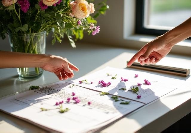 A floral designer and couple discussing mood boards